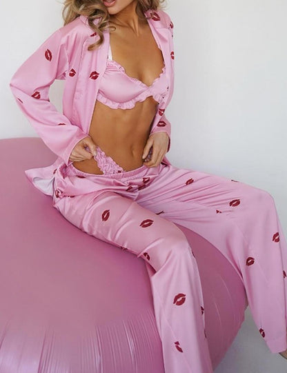 3 Pcs Sexy Print Soft Satin Pajamas Set