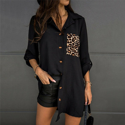 Casual Paneled Long Sleeve Leopard Print Blouse
