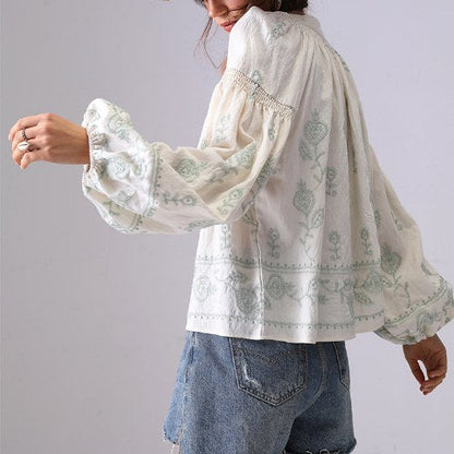 Floral Embroidered Loose Button Shirt