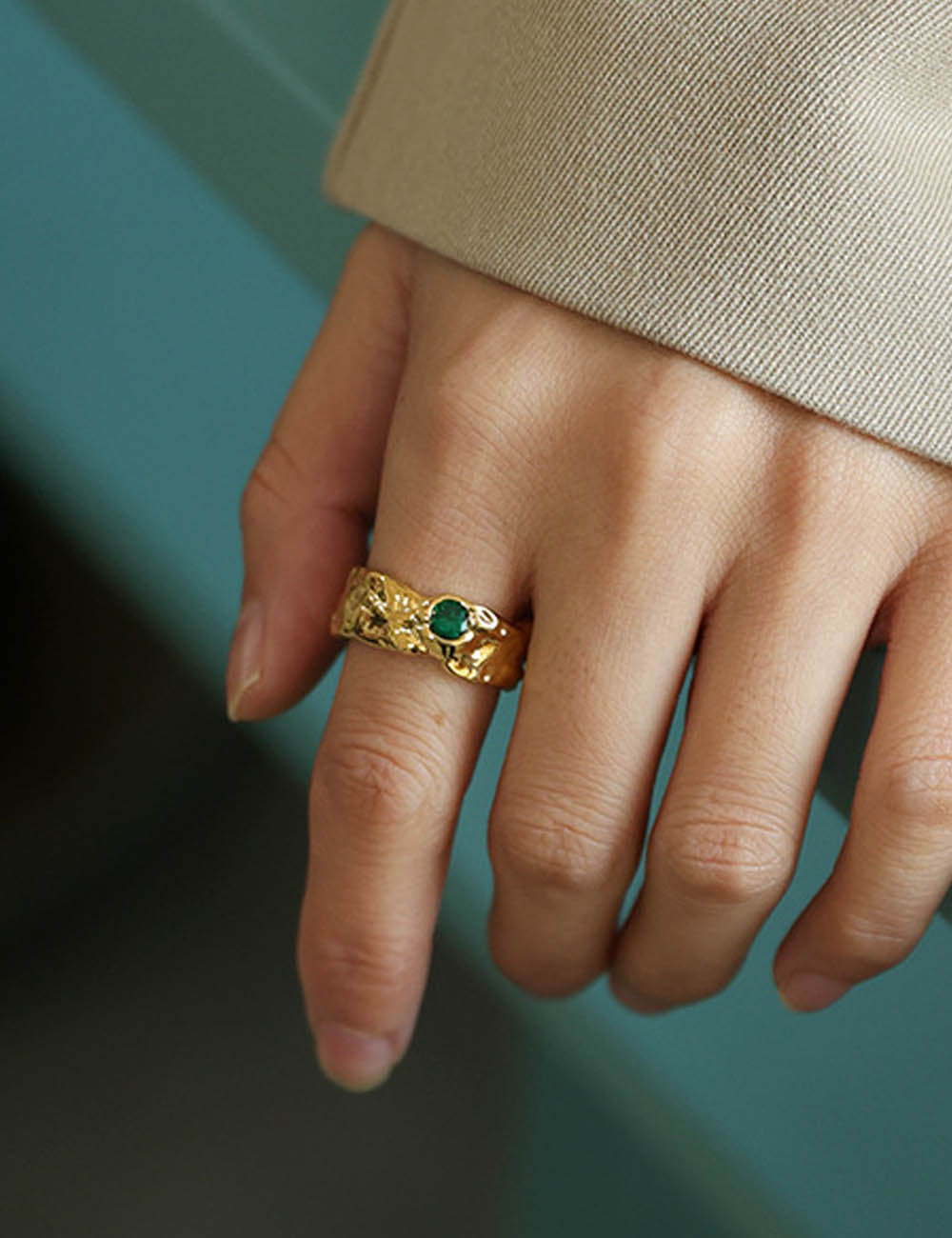 Emerald Zircon Inlaid Gold Plated Open Ring