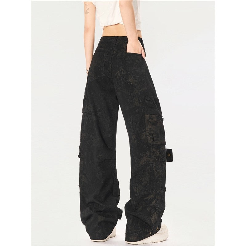 Distressed Cargo Wide-Leg Pants Unisex Loose Fit Casual Trousers