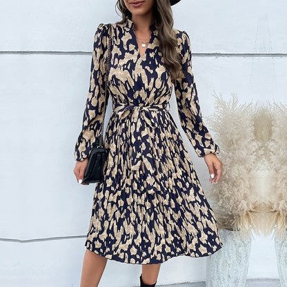 Pleated Printed Belted V-Neck Long-Sleeved Dress
