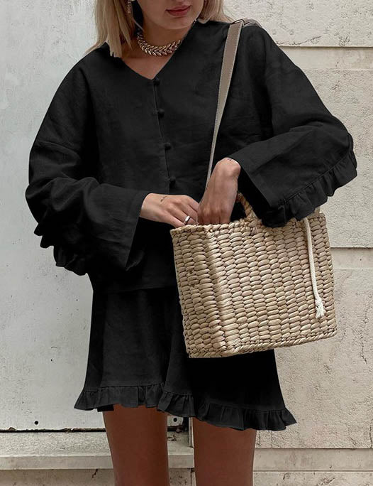 Solid Color Flounce Top Short Set