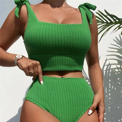 Two Piece High Waist Conservative Solid Color Swimsuit