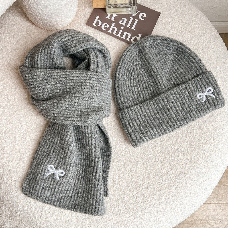Kids Knit Bow Embroidered Hat Scarf Set