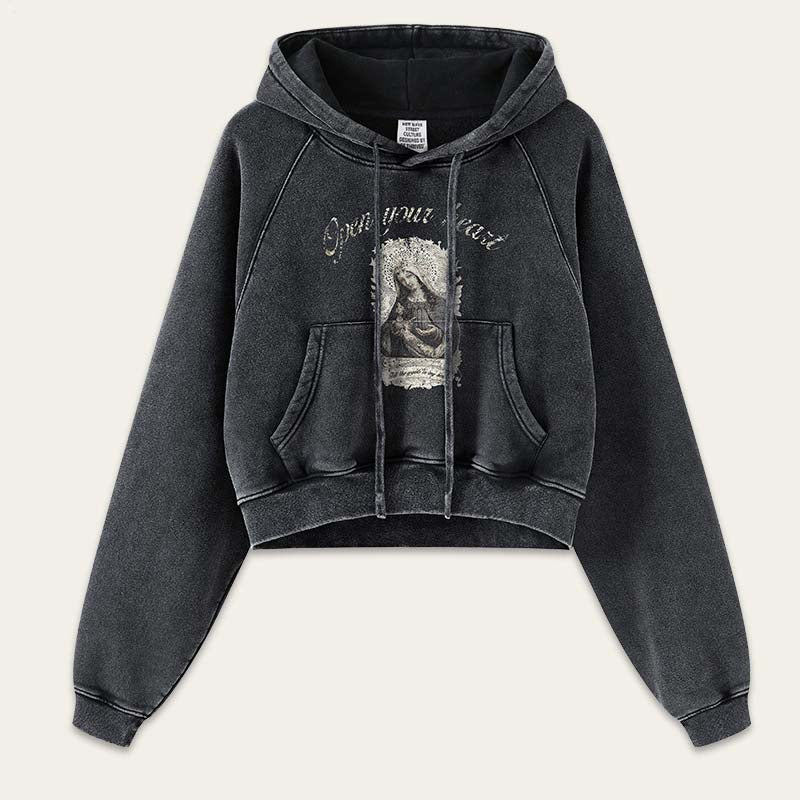 Retro Washed Cropped Raglan Sleeve Hoodie