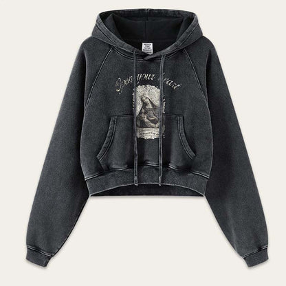 Retro Washed Cropped Raglan Sleeve Hoodie