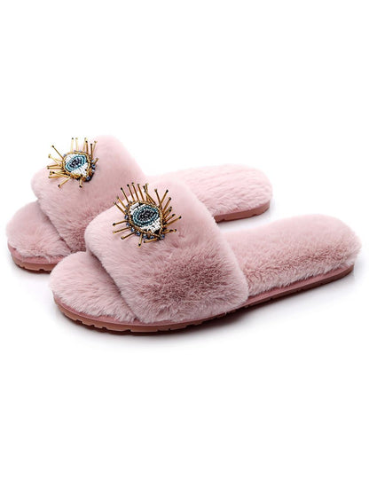 Soft Beaded Tassel Evil Eye Fuzzy Slippers