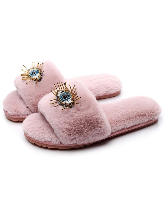 Soft Beaded Tassel Evil Eye Fuzzy Slippers