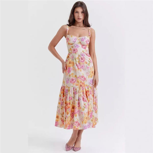 High Waisted A-Line Floral Printed Condole Belt Cake Dress