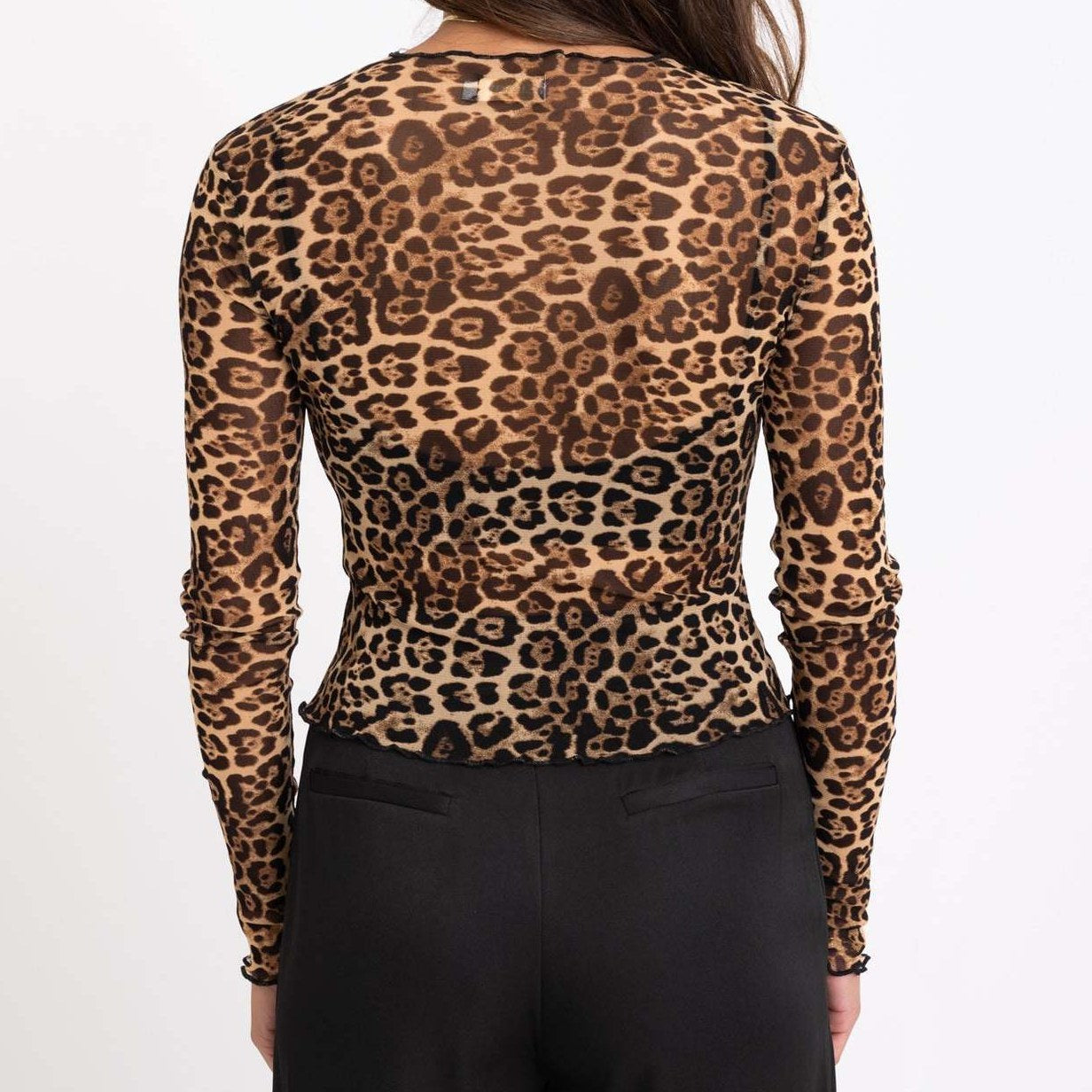 Slim-Fitting Leopard Print Mesh Top