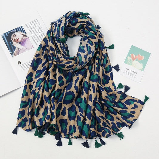 Fashion Colorblock Fringe Leopard Print Cotton Linen Scarf