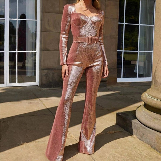 Long Sleeve Sequin Belted Jumpsuit Floor Length