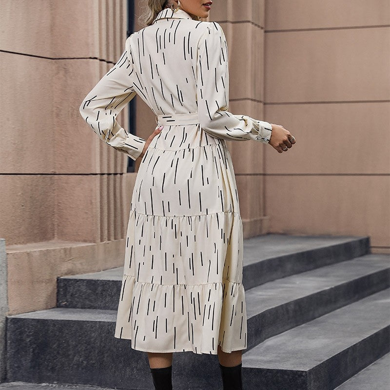 Long Sleeves Lapel Buttoned Belted Printing Shirt Midi Dress