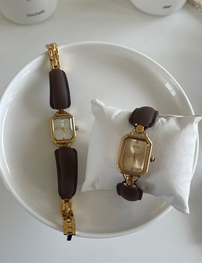 Elegant Square Dial Leather Bracelet Quartz Watch