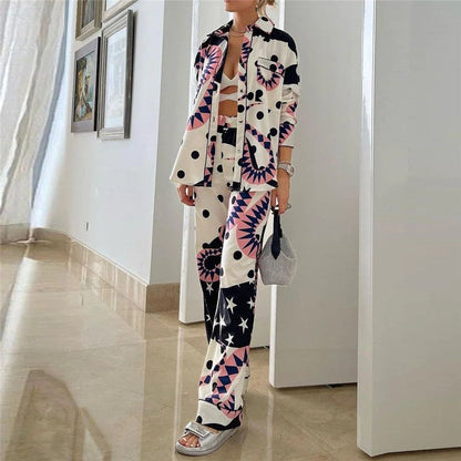 Printing Long Sleeve Lapel Single Breasted Blouse And High Waisted Wide Leg Pants Two Pieces Suit