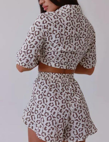 Print Button Down Top Shorts Loungewear Set
