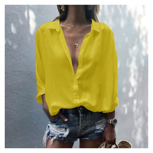 Ladies Deep V Neck Button Chiffon Shirt