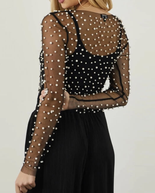 Pearl Rhinestone See Through Mesh Blouse