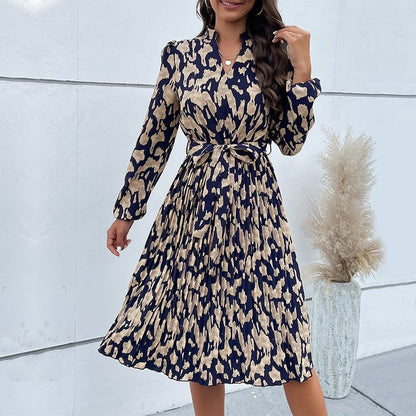 Pleated Printed Belted V-Neck Long-Sleeved Dress