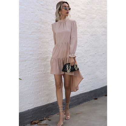 Solid Color Long Sleeve Irregular Half Turtleneck Dress
