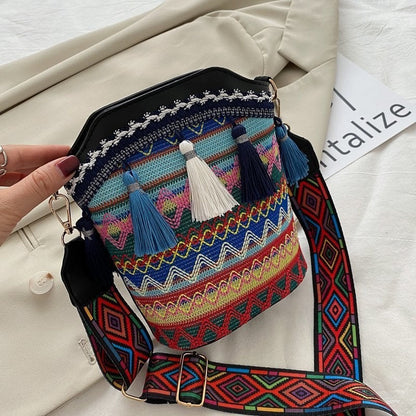 Print Soft Tasseled Multicolored One Shoulder Bag