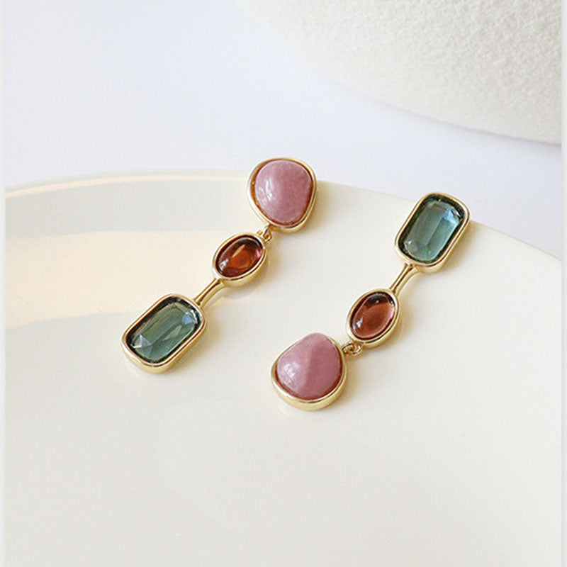 Gold Plated Square Stone Dangle Earrings