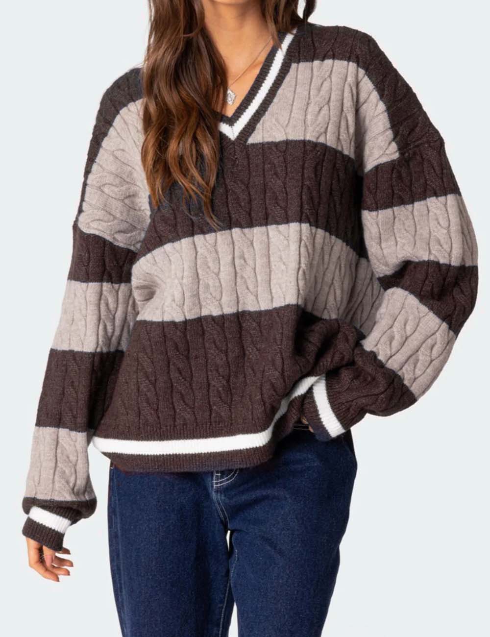Color Block Striped V-Neck Oversized Sweater