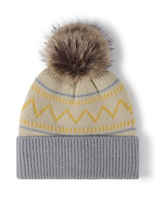 Splicing Striped Padded Knit Pom Beanie