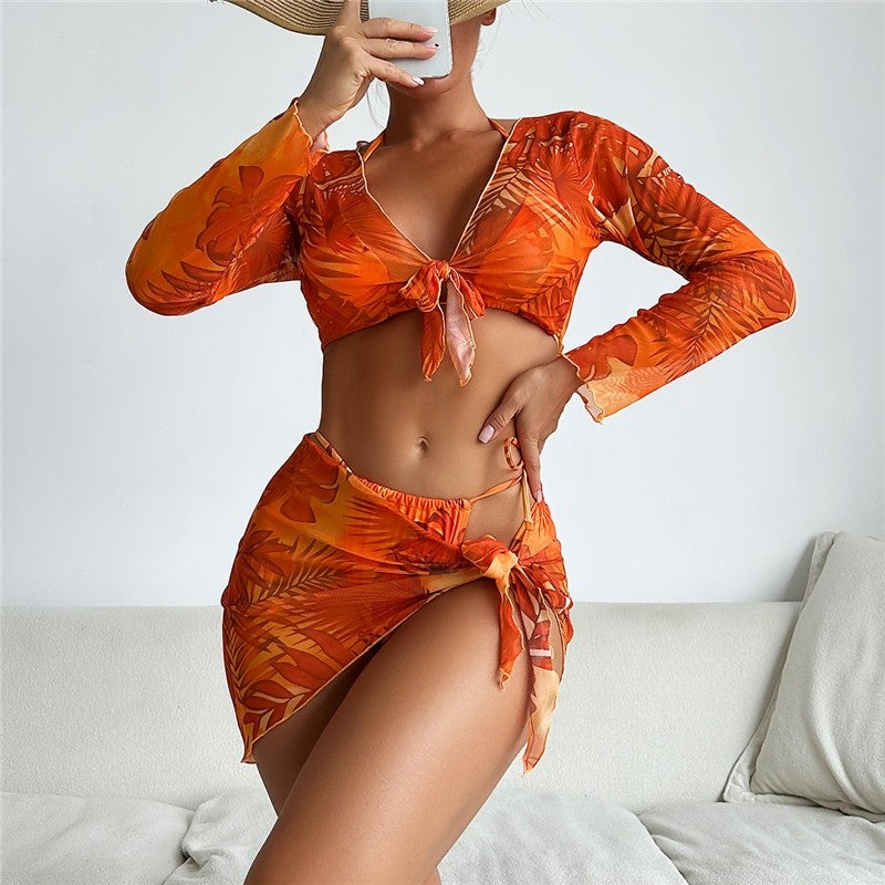 Split 4-Piece Long Sleeve Printed Tie-Up Bikini Swimsuit