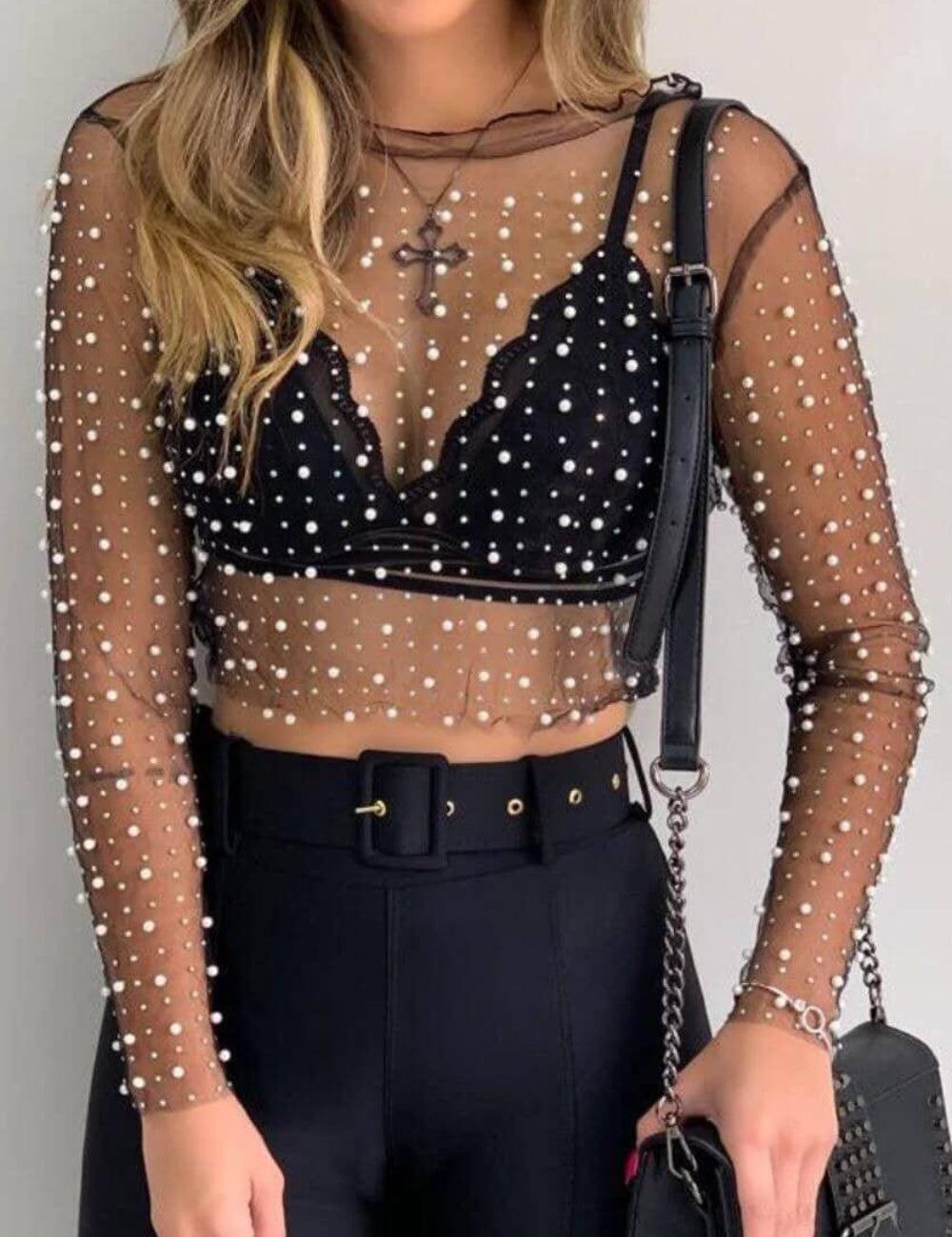 Pearl Rhinestone Studded Mesh Blouse