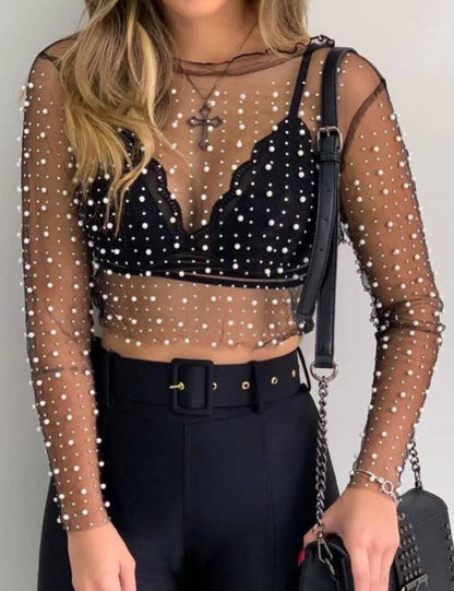 Pearl Rhinestone Studded Mesh Blouse
