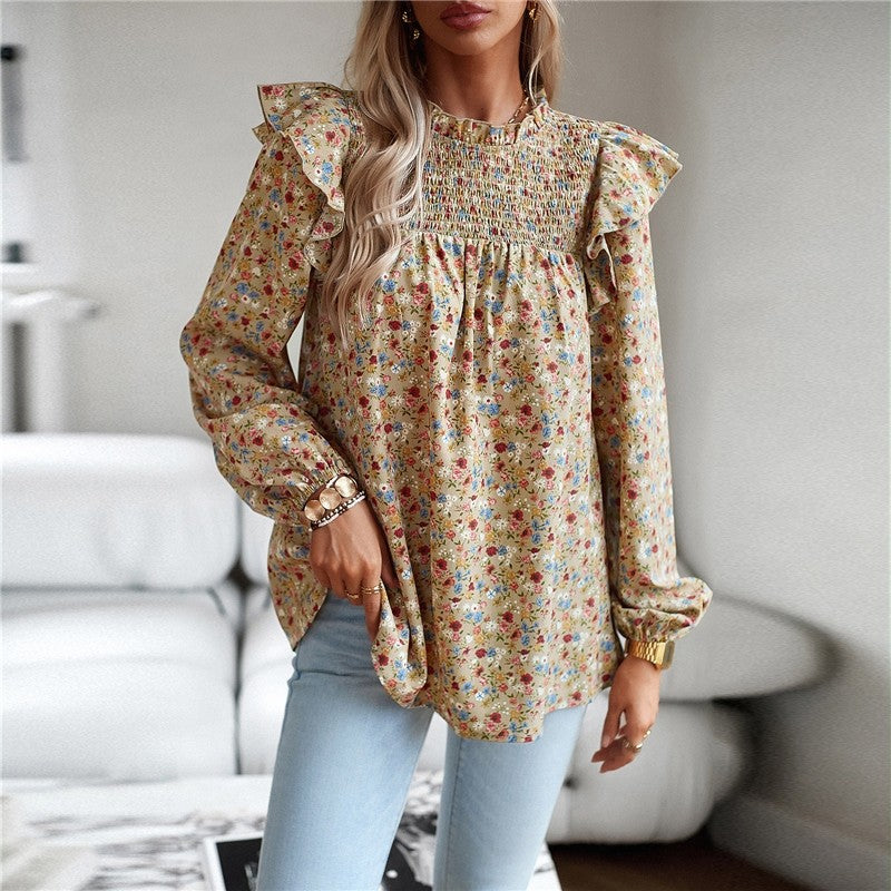 Crewneck Long Sleeves Floral Printed Casual Loose Blouse