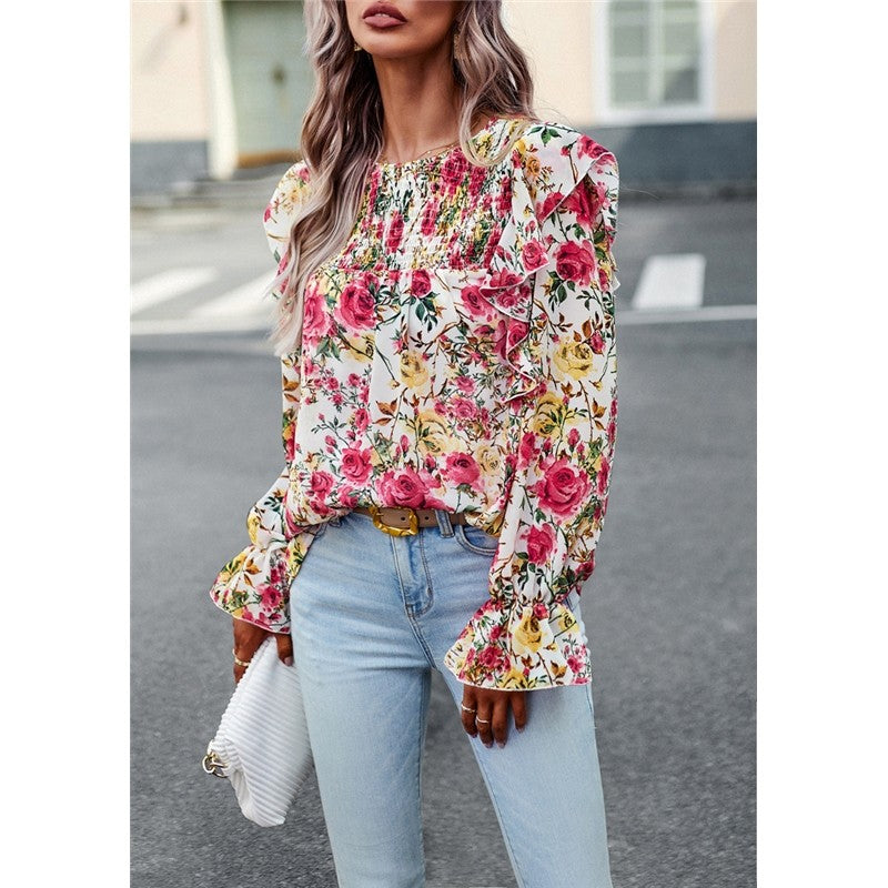 Crewneck Long Sleeves Floral Printed Casual Loose Blouse Top