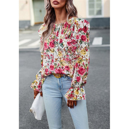 Crewneck Long Sleeves Floral Printed Casual Loose Blouse Top