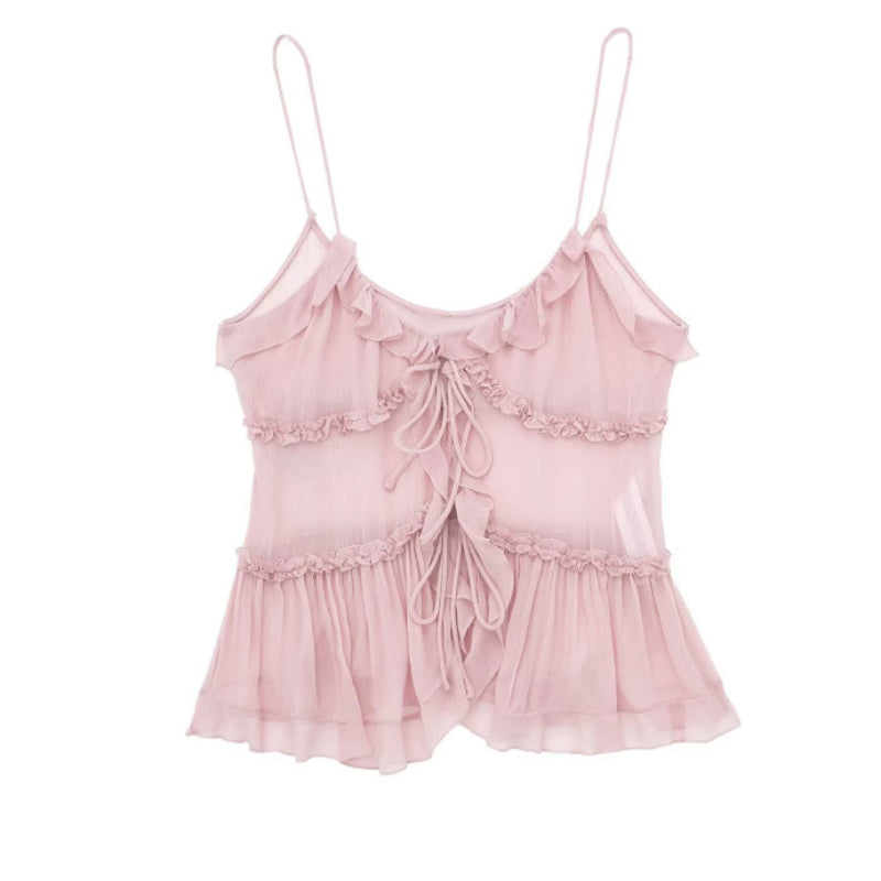 Solid Color Layered Ruffle Spaghetti Strap Top