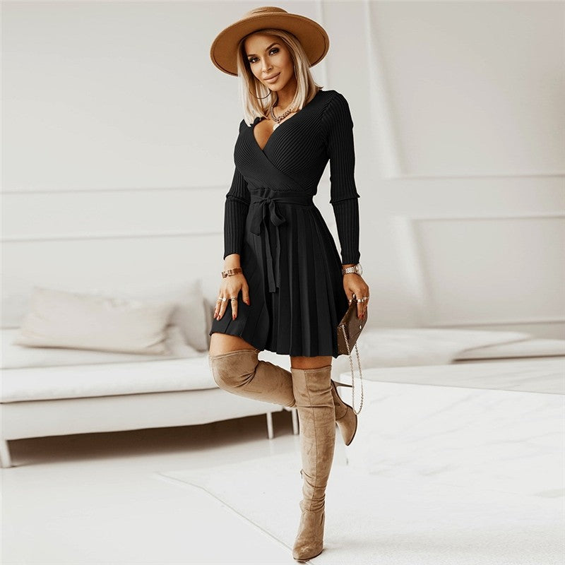 V-Neck Pleated Knitted Short A-Line Dress