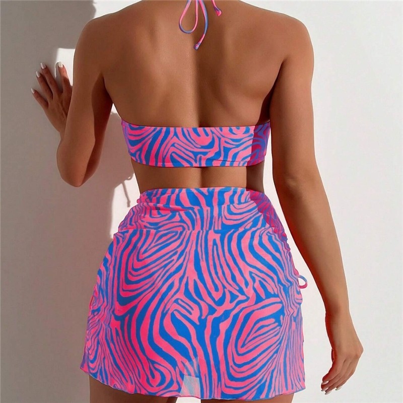 Striped Split Three-Piece Printed Bikini Swimsuit