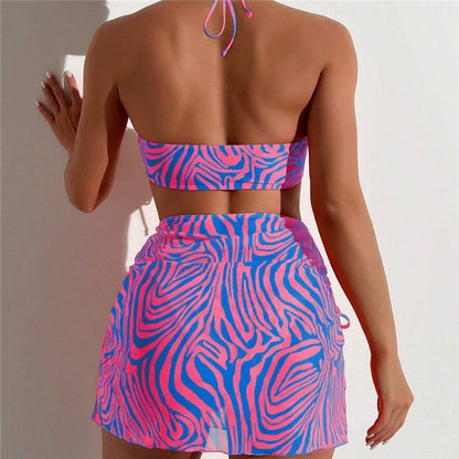 Striped Split Three-Piece Printed Bikini Swimsuit