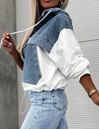 Trendy Splice Color Block Washed Denim Hoodie