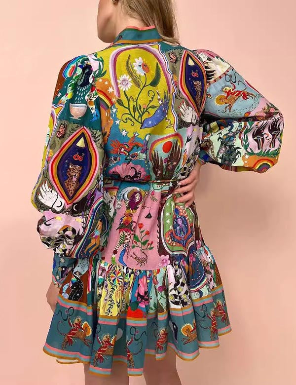 Long Sleeve Floral Tie-Waist Pleated Mini Dress