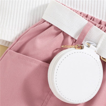 Crewneck Sleeveless Ribbed Vest And Skirt And Belted Waist Bag Three Pieces Suits