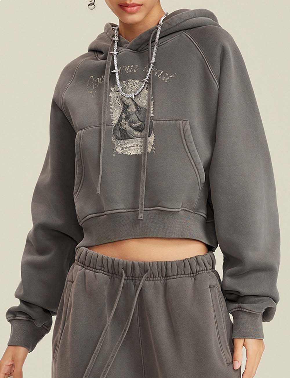 Retro Washed Cropped Raglan Sleeve Hoodie