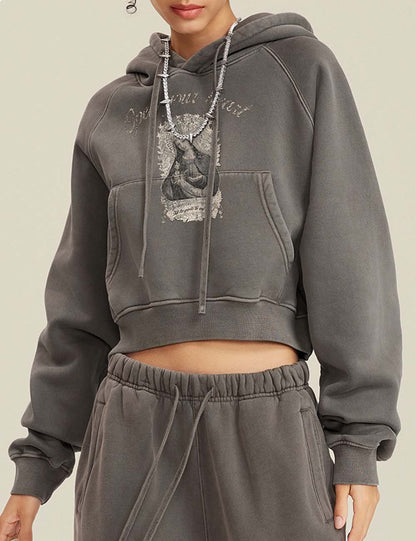 Retro Washed Cropped Raglan Sleeve Hoodie