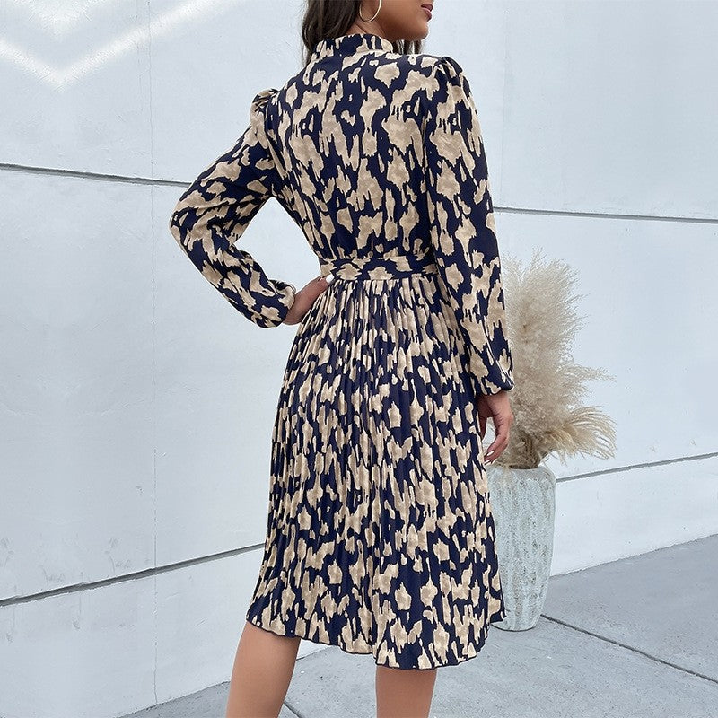 Pleated Printed Belted V-Neck Long-Sleeved Dress