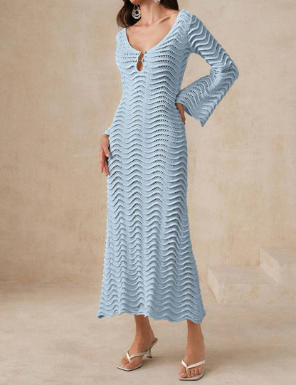 Hollow Out Solid Color Knit Dress Cover Up