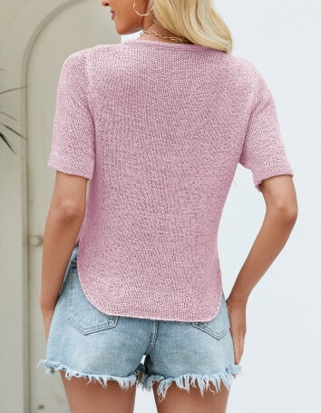 V-Neck Simple Solid Color Knit Top