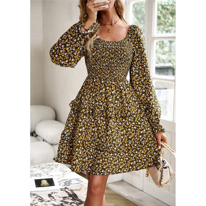 Floral Square Neck Long Sleeve Dress