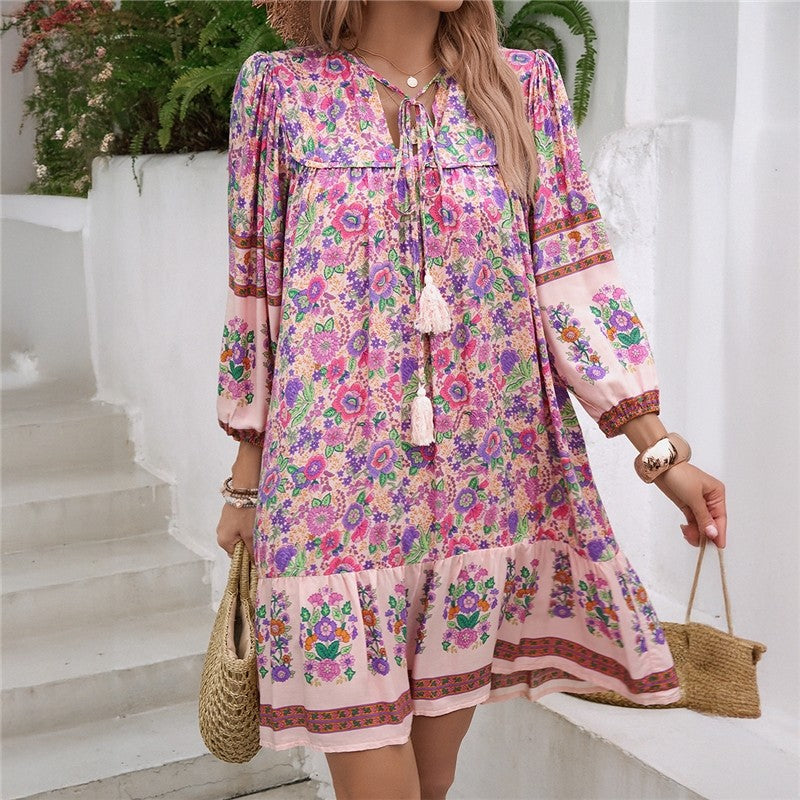 V-Neck Floral Print Ruffle Hem Casual Mini Dress
