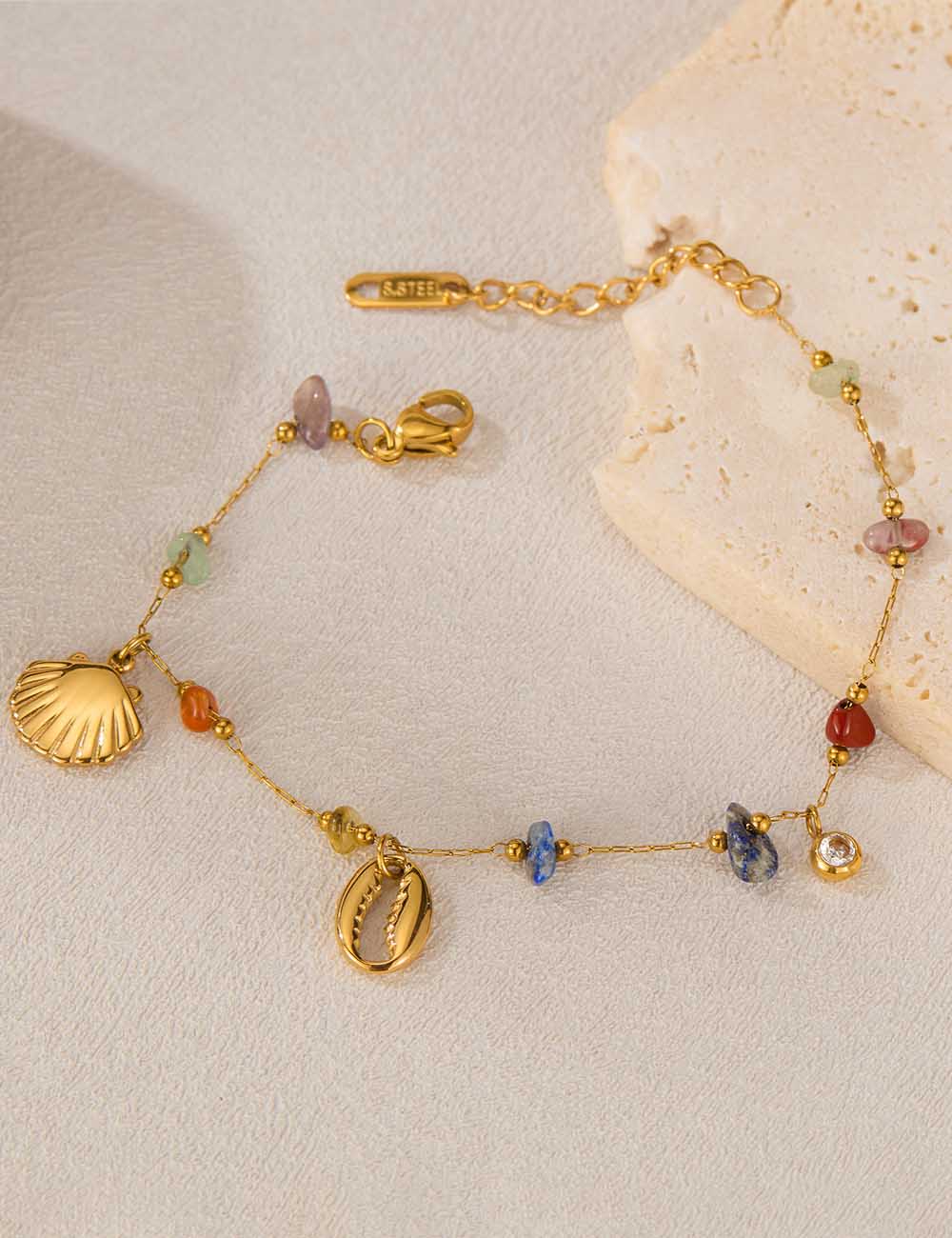 Colorful Stone Shell Pendant Zirconia Chain Bracelet